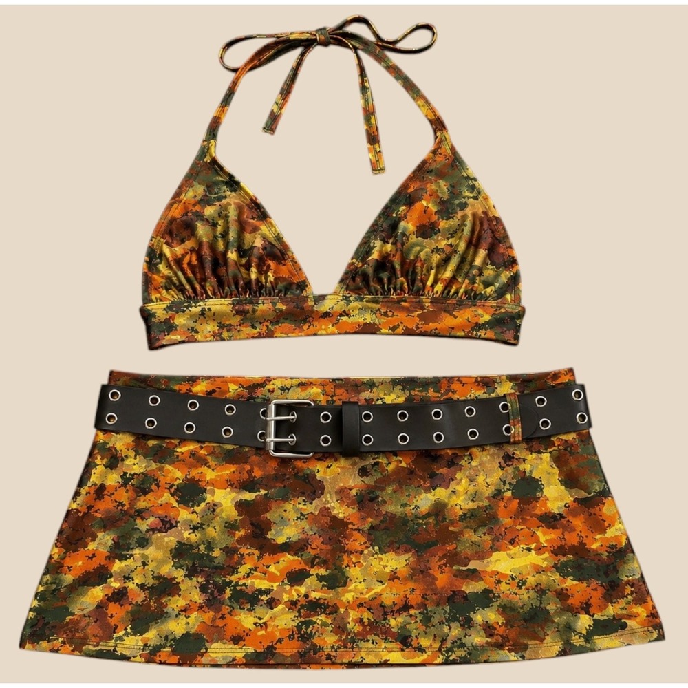 Lovergirl Camo Metallic 2 Piece Set Mini Skirt‎ Halter Top Grommet Belt Festival